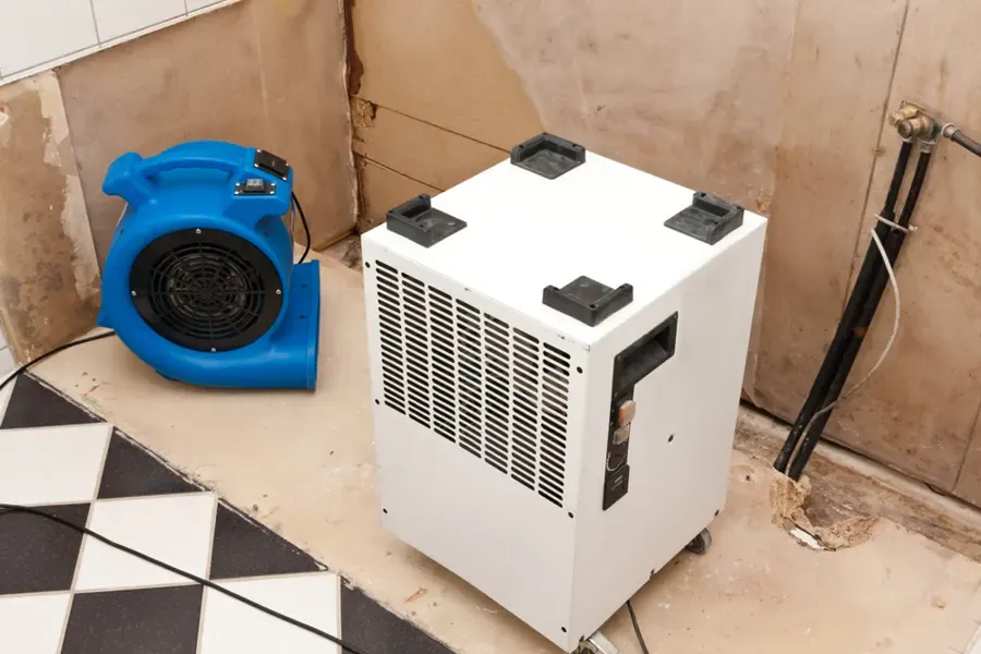Air mover and dehumidifier drying a Bay Area room