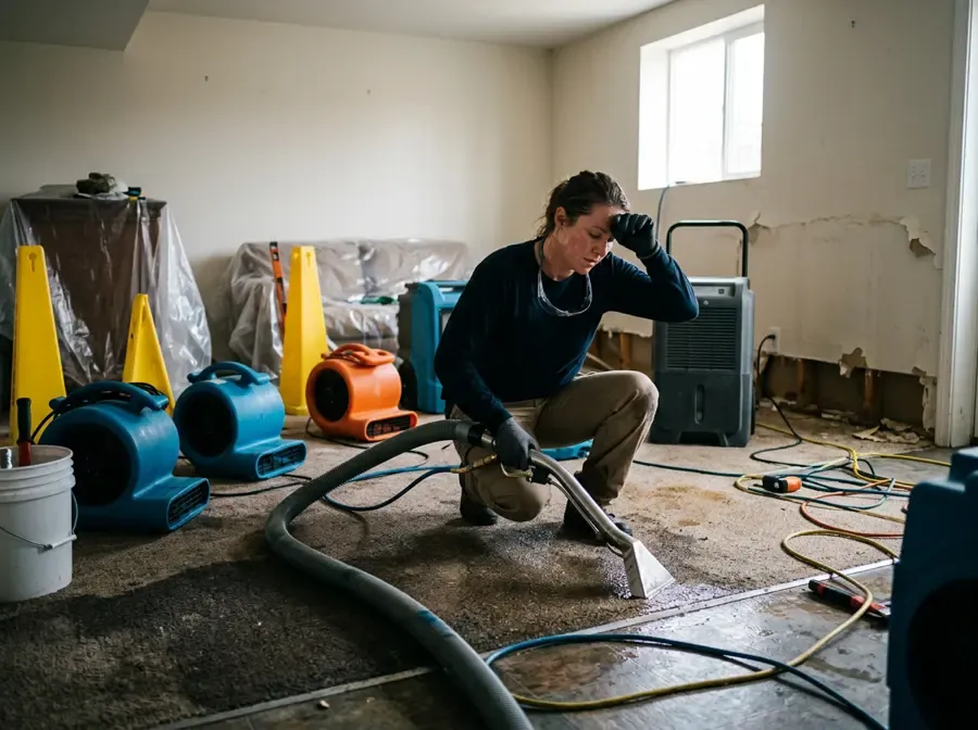 Restoration technicians extracting standing water from a flooded League City home