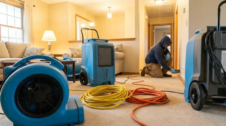 Coastal Water Restoration technician setting an air mover in a League City living room