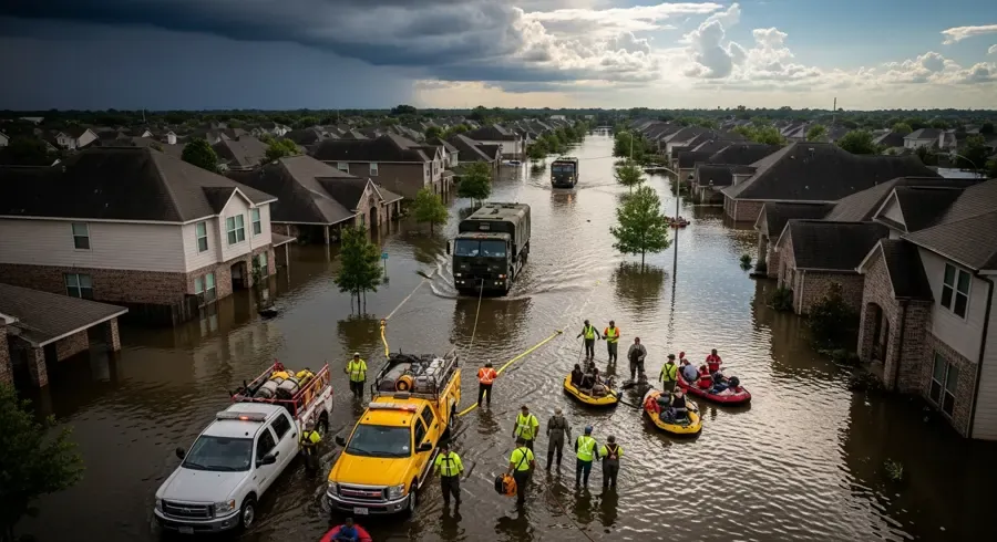 Aerial view of a flooded Bay Area neighborhood after a Gulf Coast storm