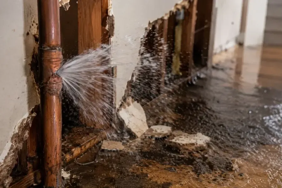 Water spraying from a failed appliance supply line onto a League City floor