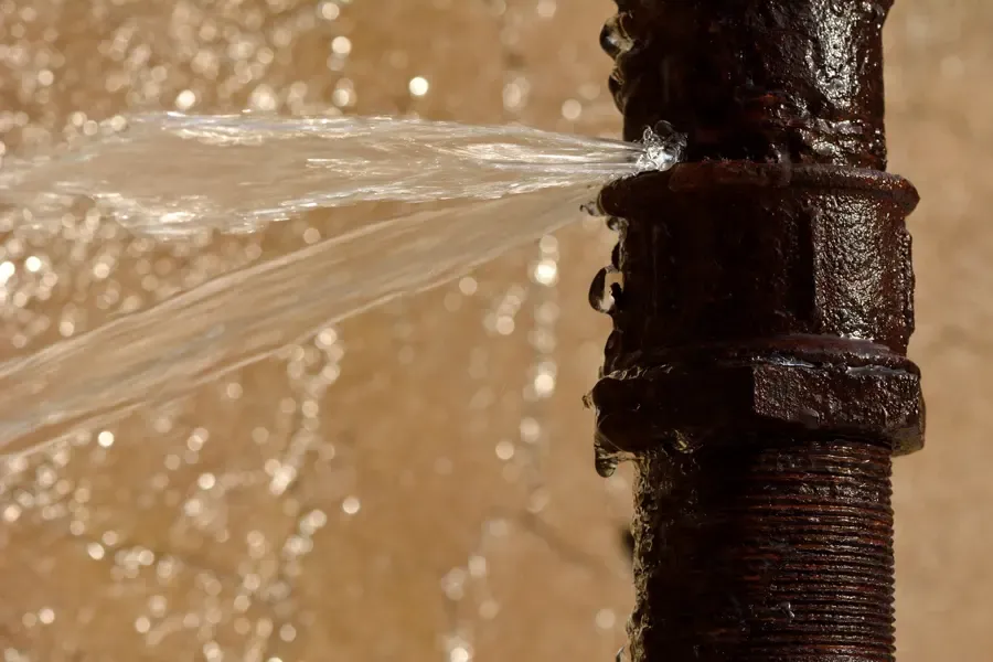 Water spraying from a burst supply pipe into a flooded League City room