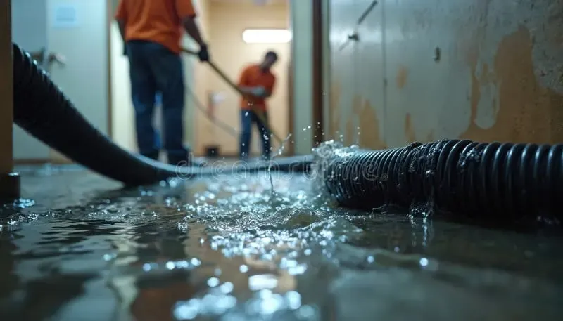 Extraction wand pulling standing water off a flooded League City floor