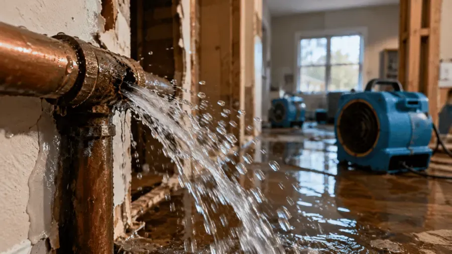 Water spraying from a failed supply line beside a drying fan in League City